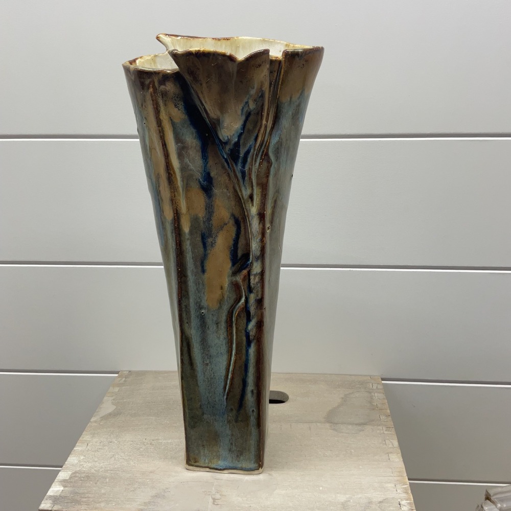 Handmade Studio Pottery Slab Vase Blue Brown Drip Glaze Tapered 12 Inch